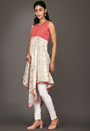 Printed Cotton Asymmetric Kurti in Light Beige