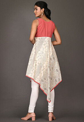 Printed Cotton Asymmetric Kurti in Light Beige