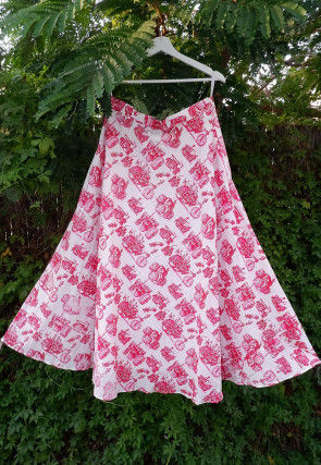 Printed Cotton Bias Cut Skirt in Off White and Pink