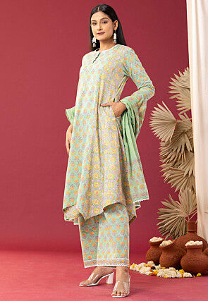 Printed Cotton Cambric Aline Suit in Light Green