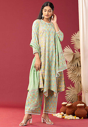 Printed Cotton Cambric Aline Suit in Light Green