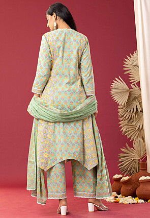 Printed Cotton Cambric Aline Suit in Light Green