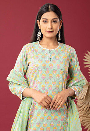 Printed Cotton Cambric Aline Suit in Light Green