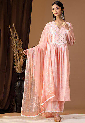 Printed Cotton Cambric Aline Suit in Light Peach