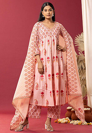Printed Cotton Cambric Aline Suit in Light Peach