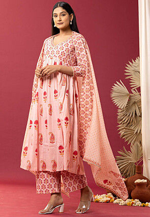 Printed Cotton Cambric Aline Suit in Light Peach
