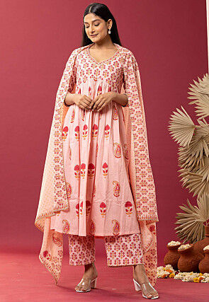 Printed Cotton Cambric Aline Suit in Light Peach