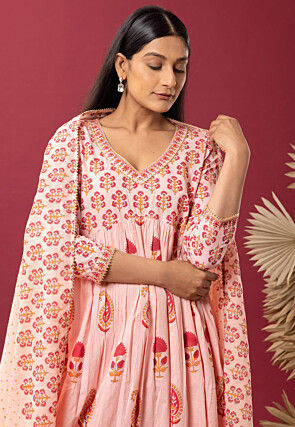 Printed Cotton Cambric Aline Suit in Light Peach