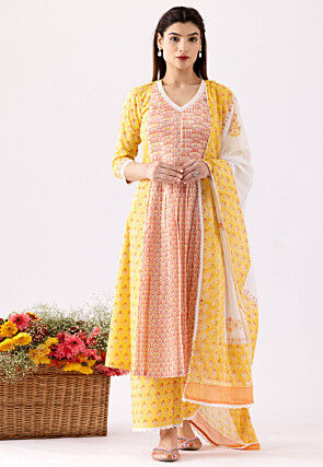 Printed Cotton Cambric Aline Suit in Orange and Yellow