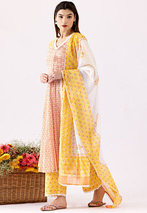 Printed Cotton Cambric Aline Suit in Orange and Yellow