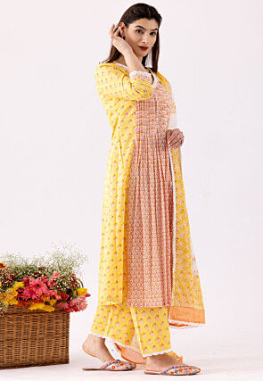 Printed Cotton Cambric Aline Suit in Orange and Yellow