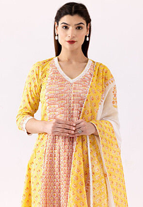 Printed Cotton Cambric Aline Suit in Orange and Yellow
