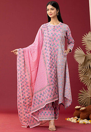 Printed Cotton Cambric Aline Suit in Pink