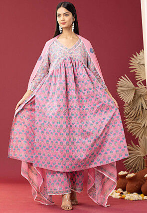 Printed Cotton Cambric Aline Suit in Pink