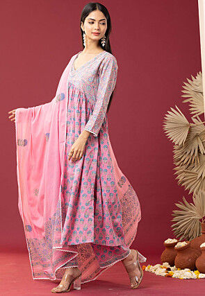 Printed Cotton Cambric Aline Suit in Pink