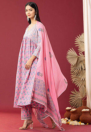 Printed Cotton Cambric Aline Suit in Pink