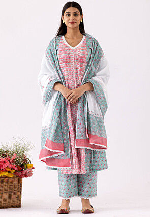 Printed Cotton Cambric Aline Suit in Red and Blue