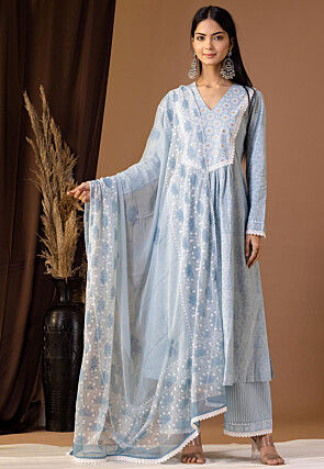 Printed Cotton Cambric Aline Suit in Sky Blue
