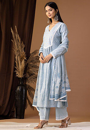 Printed Cotton Cambric Aline Suit in Sky Blue