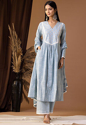 Printed Cotton Cambric Aline Suit in Sky Blue