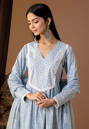 Printed Cotton Cambric Aline Suit in Sky Blue