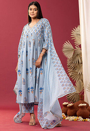Printed Cotton Cambric Aline Suit in Sky Blue