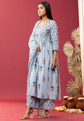 Printed Cotton Cambric Aline Suit in Sky Blue