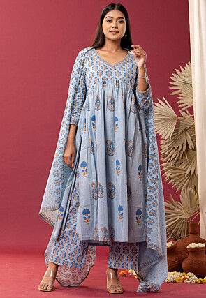 Printed Cotton Cambric Aline Suit in Sky Blue