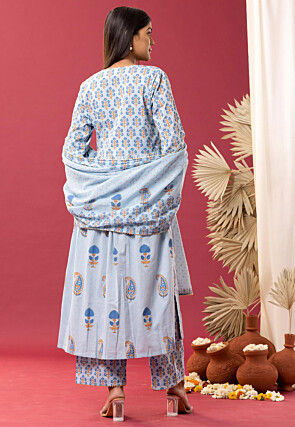 Printed Cotton Cambric Aline Suit in Sky Blue