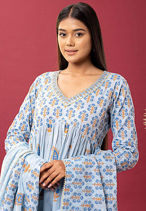 Printed Cotton Cambric Aline Suit in Sky Blue