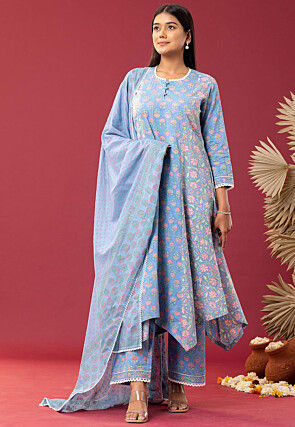 Printed Cotton Cambric Aline Suit in Sky Blue