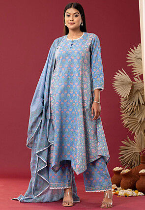Printed Cotton Cambric Aline Suit in Sky Blue