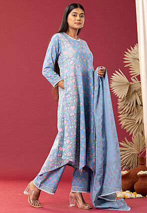 Printed Cotton Cambric Aline Suit in Sky Blue