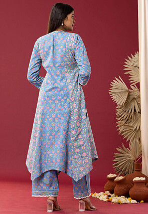 Printed Cotton Cambric Aline Suit in Sky Blue