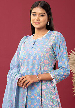 Printed Cotton Cambric Aline Suit in Sky Blue