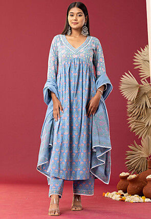 Printed Cotton Cambric Aline Suit in Sky Blue