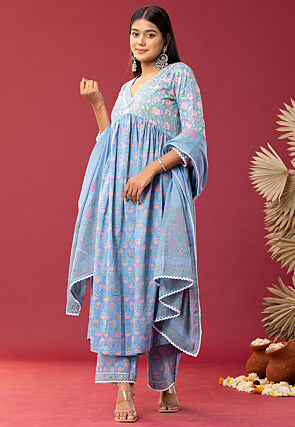 Printed Cotton Cambric Aline Suit in Sky Blue