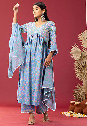 Printed Cotton Cambric Aline Suit in Sky Blue