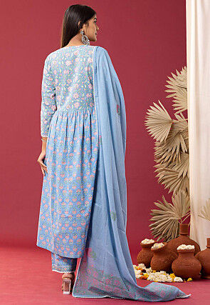 Printed Cotton Cambric Aline Suit in Sky Blue