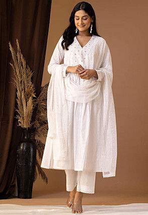 Printed Cotton Cambric Aline Suit in White