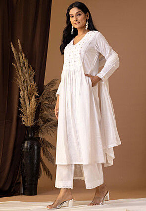 Printed Cotton Cambric Aline Suit in White