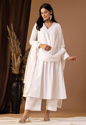 Printed Cotton Cambric Aline Suit in White