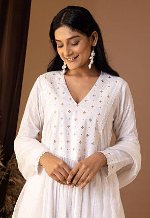 Printed Cotton Cambric Aline Suit in White