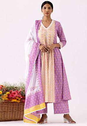 Printed Cotton Cambric Aline Suit in Yellow and Light Purple