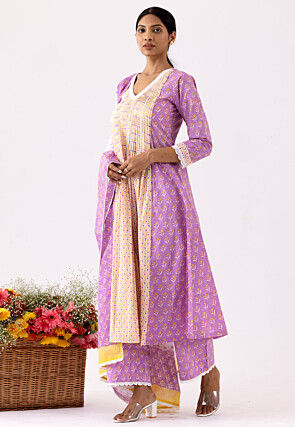 Printed Cotton Cambric Aline Suit in Yellow and Light Purple