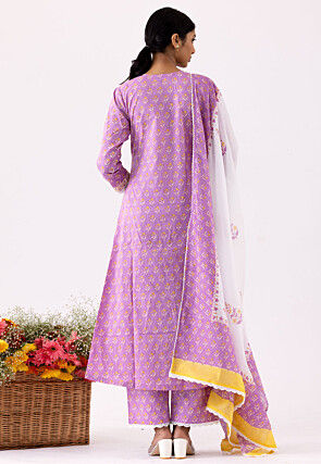 Printed Cotton Cambric Aline Suit in Yellow and Light Purple