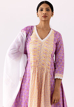 Printed Cotton Cambric Aline Suit in Yellow and Light Purple