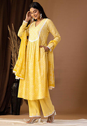 Printed Cotton Cambric Aline Suit in Yellow