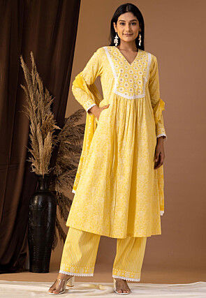Printed Cotton Cambric Aline Suit in Yellow