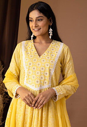 Printed Cotton Cambric Aline Suit in Yellow